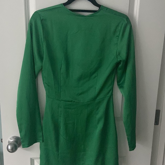 Green Satin Long Sleeve Wrap Dress - Picture 2 of 2